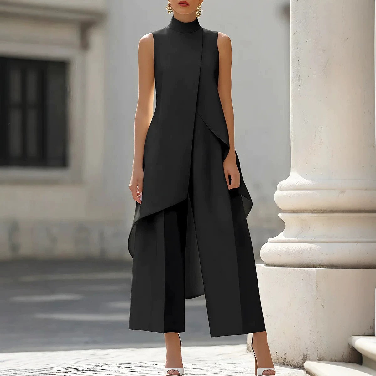 Fashion New Style, Slim-Fit Irregular Design, High-Neck Sleeveless Layered Wide-Leg Pants Two-Piece Set