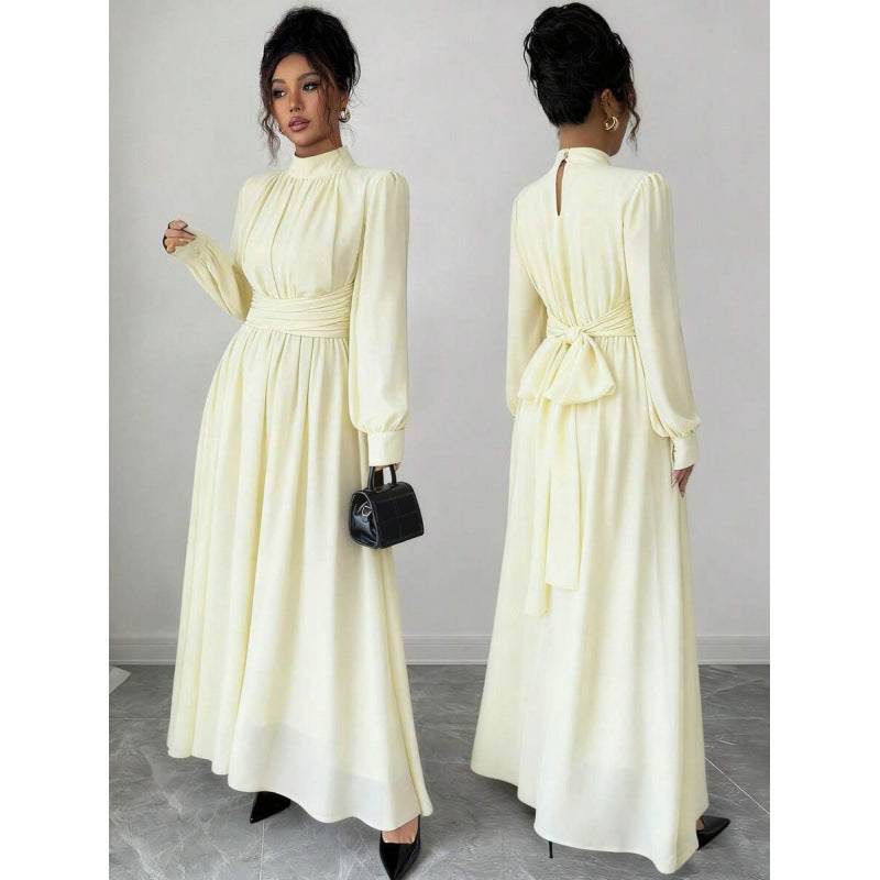 Fitted Figure-flattering Long-sleeve Dress With A Tie Waist