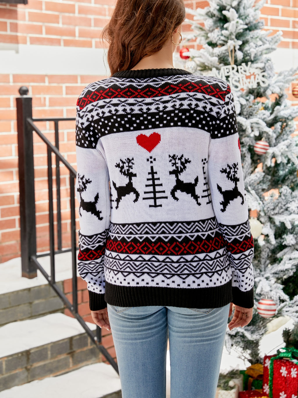 Women's Black Christmas Round Neck Sweater - Black