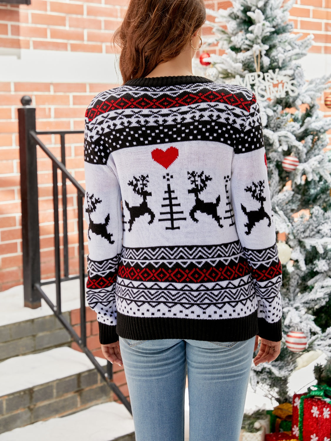 Women's Black Christmas Round Neck Sweater - Black