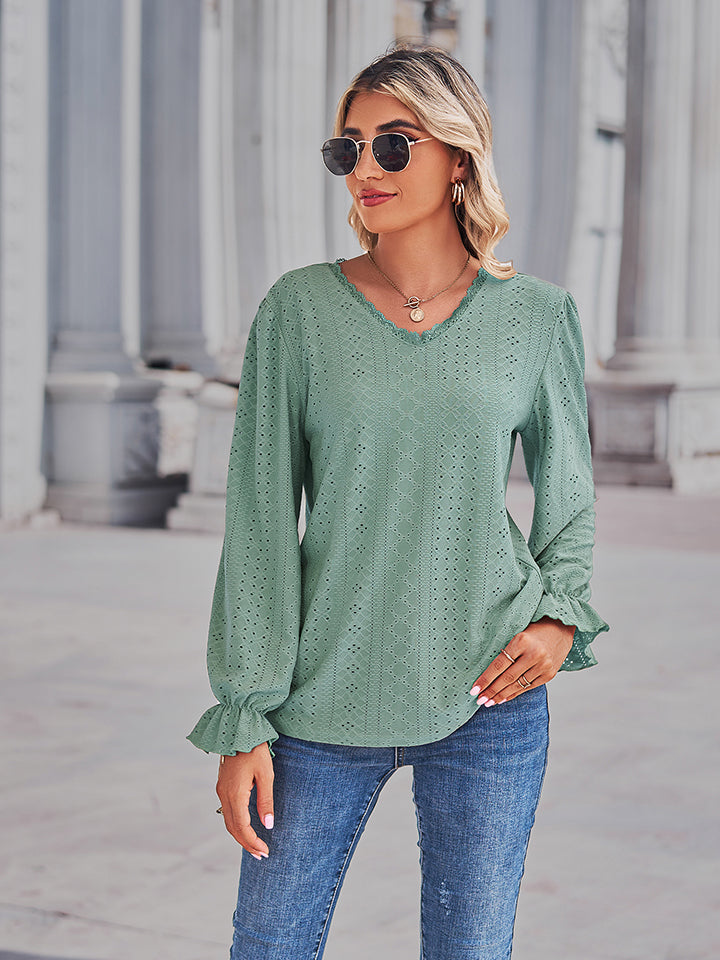 Women's Eyelet V-Neck Flounce Sleeve Blouse - Gum Leaf