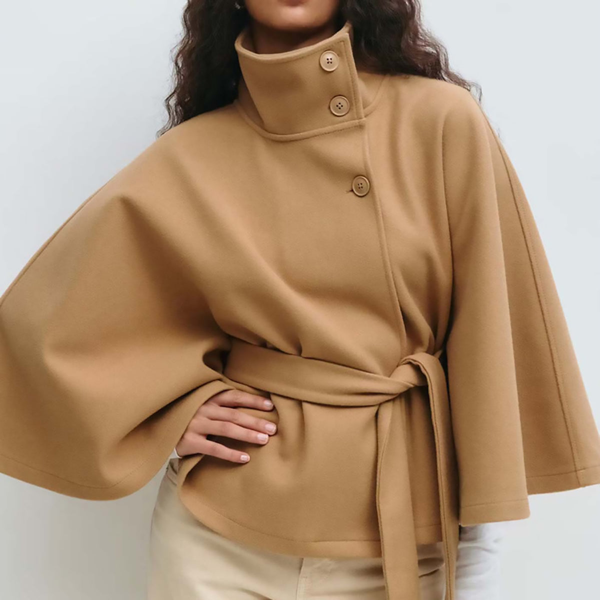 Women's Autumn And Winter New Fashion Solid Color Cape Stand Collar Button Belt Trench Coat Jacket