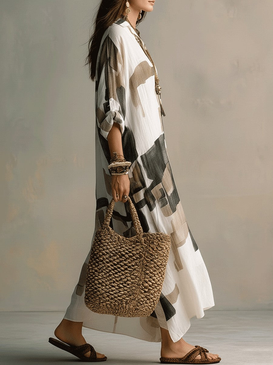Women's Khaki New Arrival Casual & American Vacation Style Printed Lapel Long Sleeve Maxi Dress - Khaki