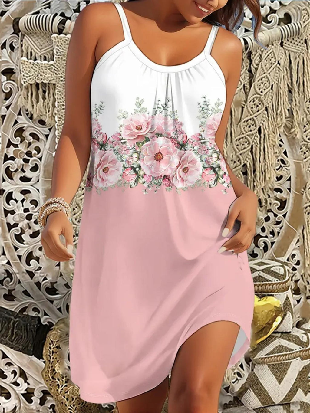 Plus Size Women's Floral Print Slip Dress , U Neck Adjustable Spaghetti Strap Loose Casual Summer Sundress