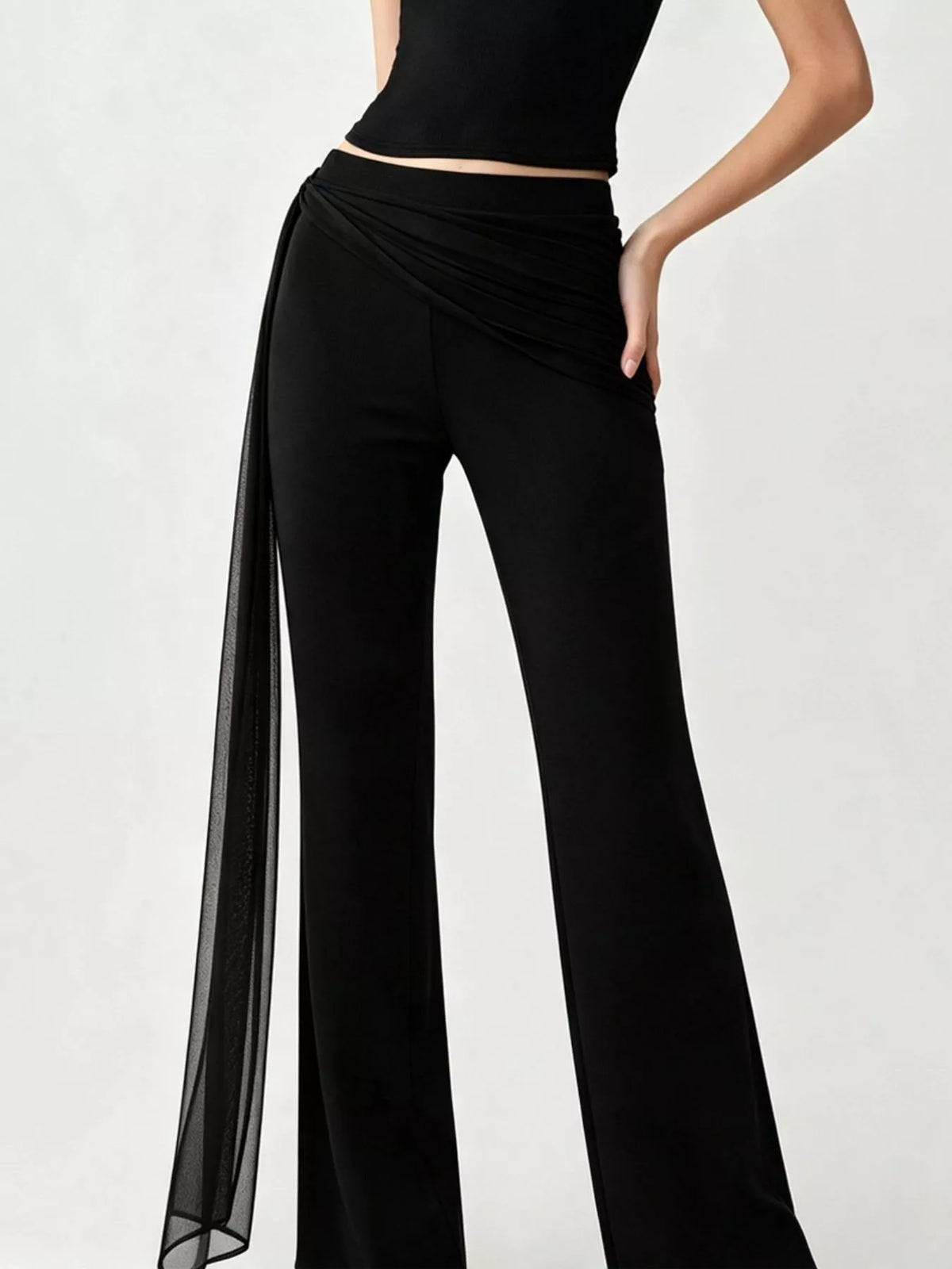 Women's Black Draped Mesh Flare Pants - Black