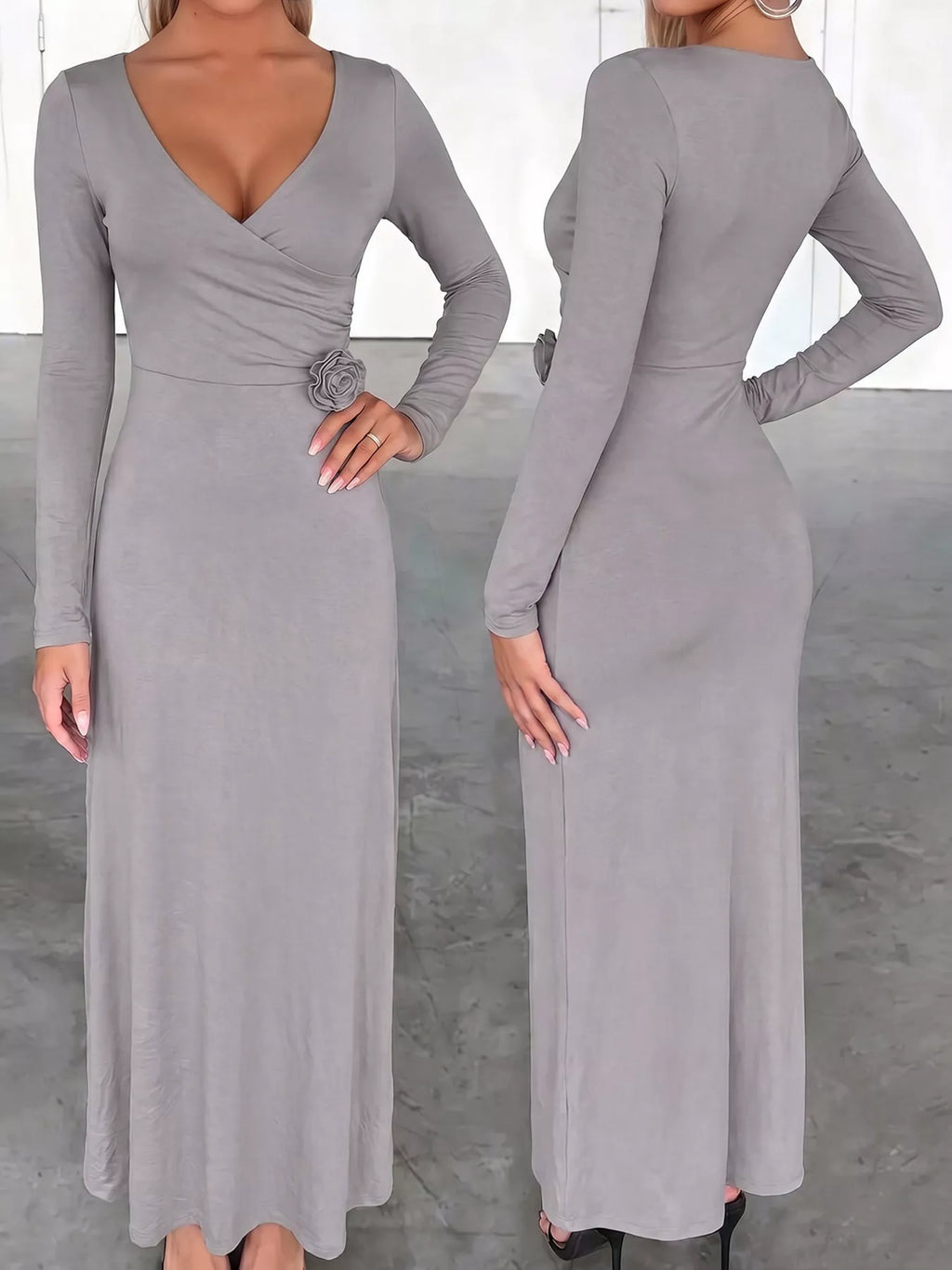 Women's Gray Surplice Long Sleeve Midi Dress - Gray