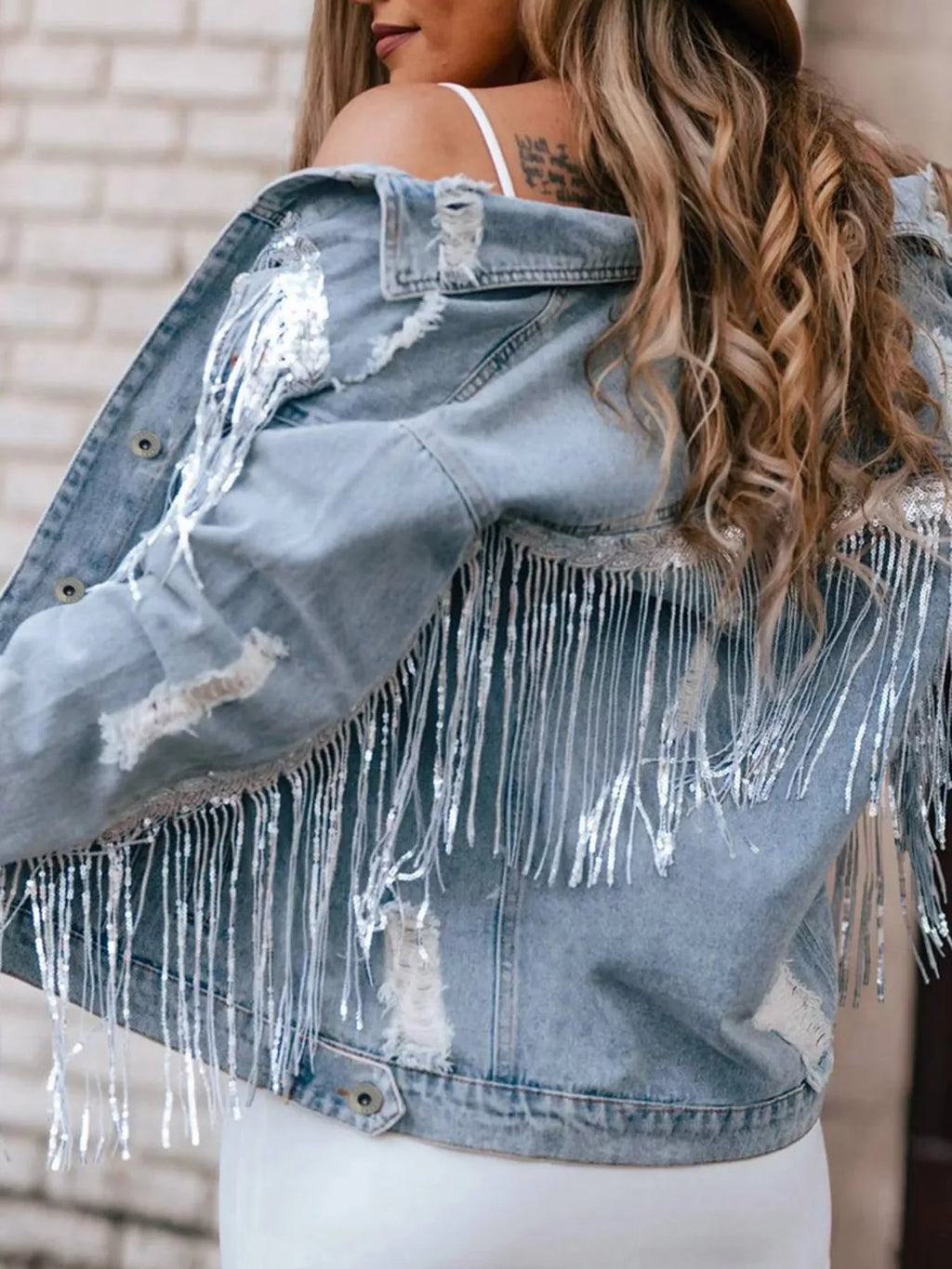 Women's Light Blue Fringed Sequin Embellished Denim Jacket - Light Blue