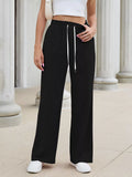 Women's High-Waisted Drawstring Wide-Leg Casual Pants - Black