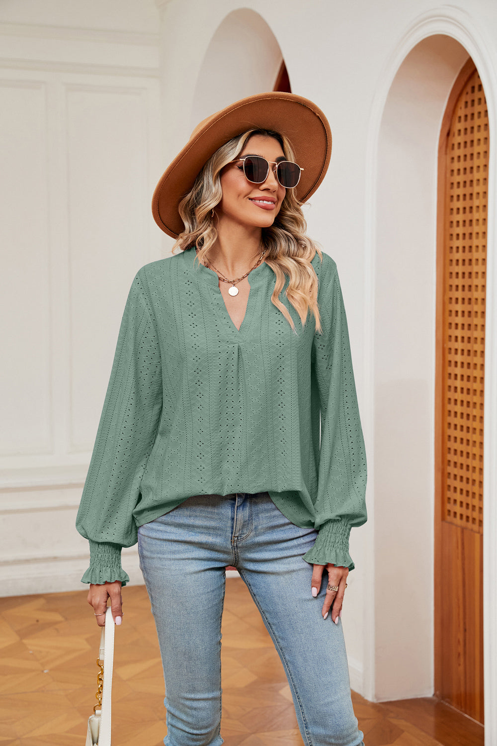 Women's Notched Neck Flounce Sleeve Blouse