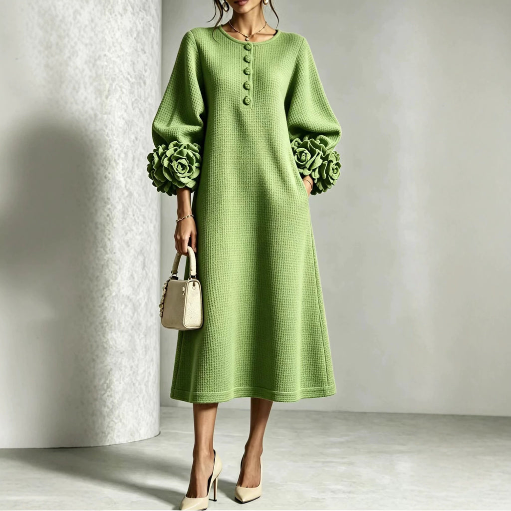 French-style Three-dimensional Floral Lantern-sleeve Cotton-linen Dress