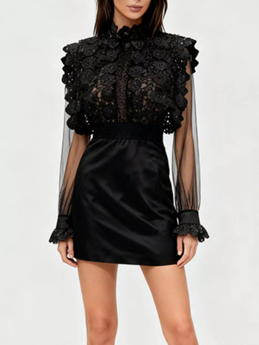 Women's Black Lace Sheer Sleeve Mini Dress - Black