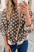 Women's Taupe Polka Dot Contrast Detail Zip-Up Long Sleeve Shacket - Taupe