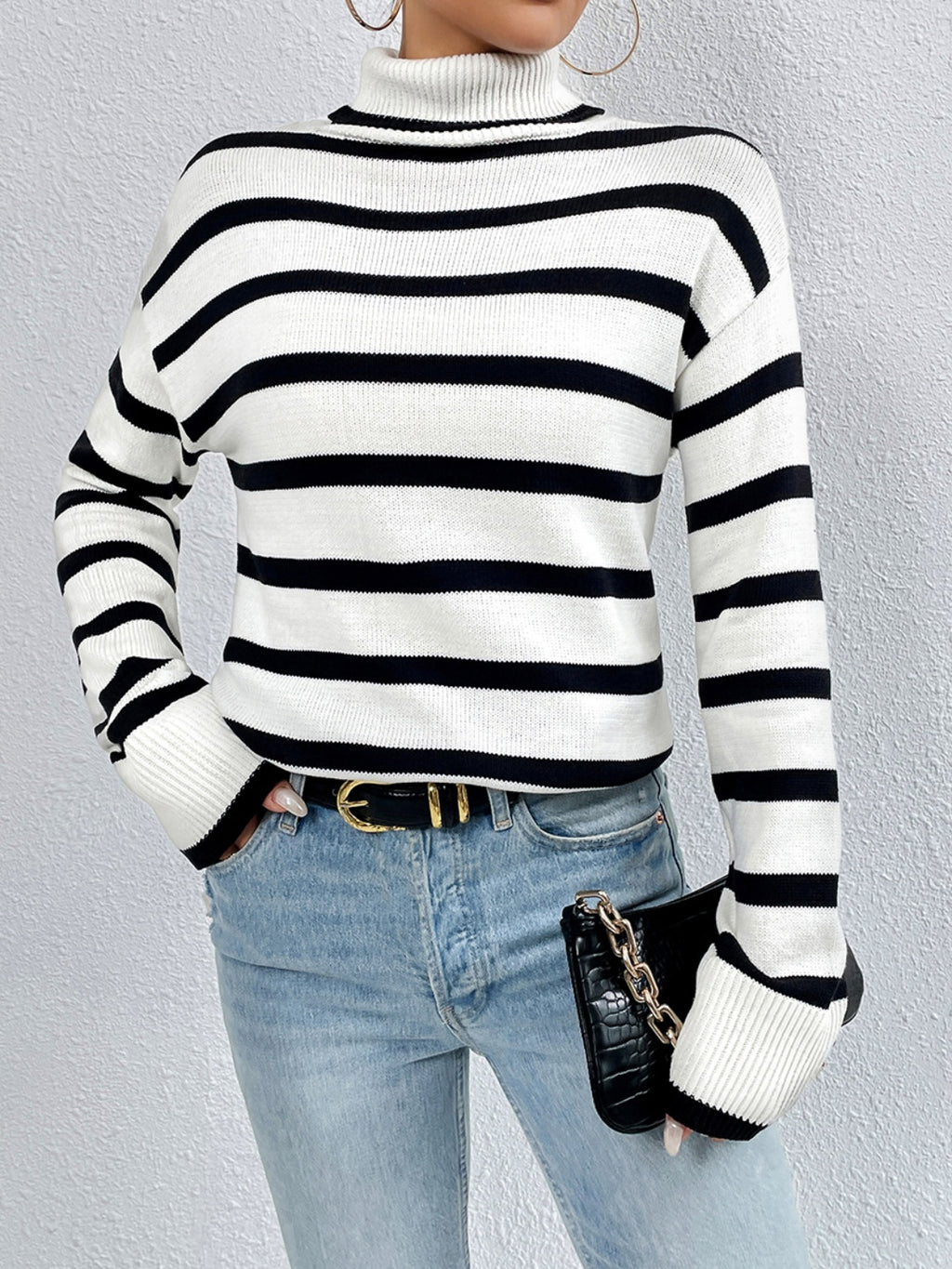 Women's Striped Turtleneck Drop Shoulder Sweater