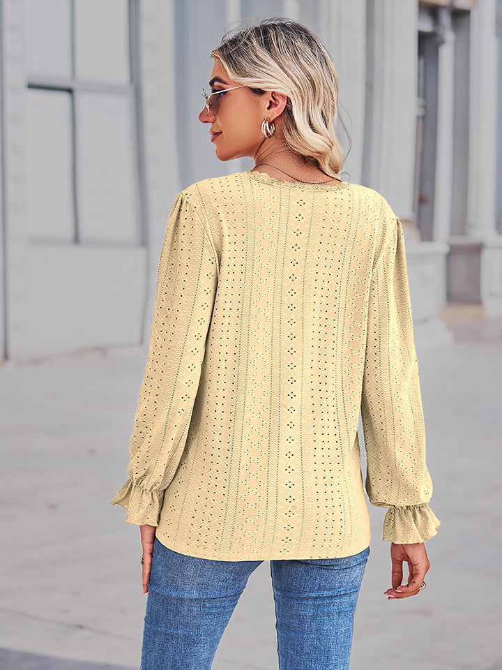 Women's Eyelet V-Neck Flounce Sleeve Blouse