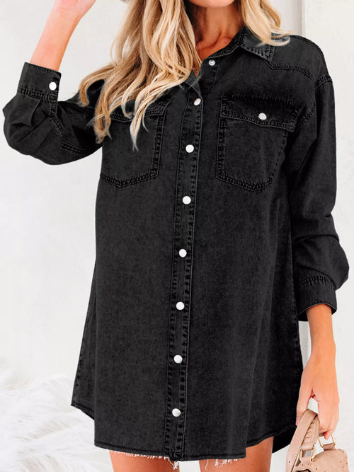 Chest Pocket Raw Hem Denim Loose Shirt Dress in Black