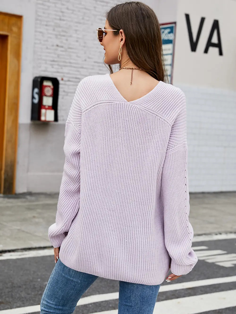 Women's Openwork Dropped Shoulder Long Sleeve Sweater