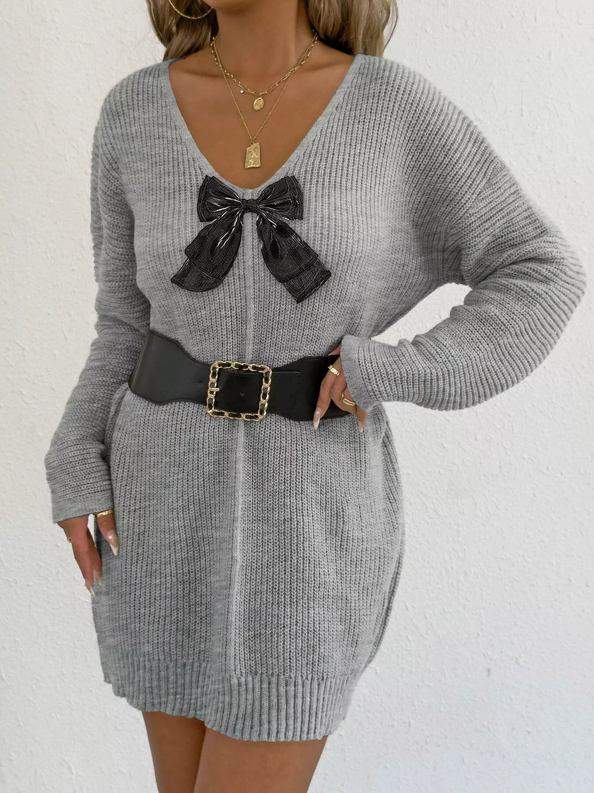 Women's Bow Ribbed Knit Sweater Dress