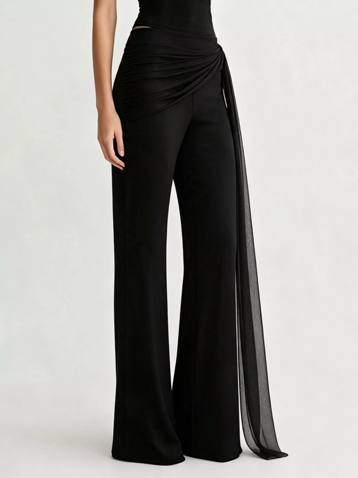 Women's Black Draped Mesh Flare Pants - Black