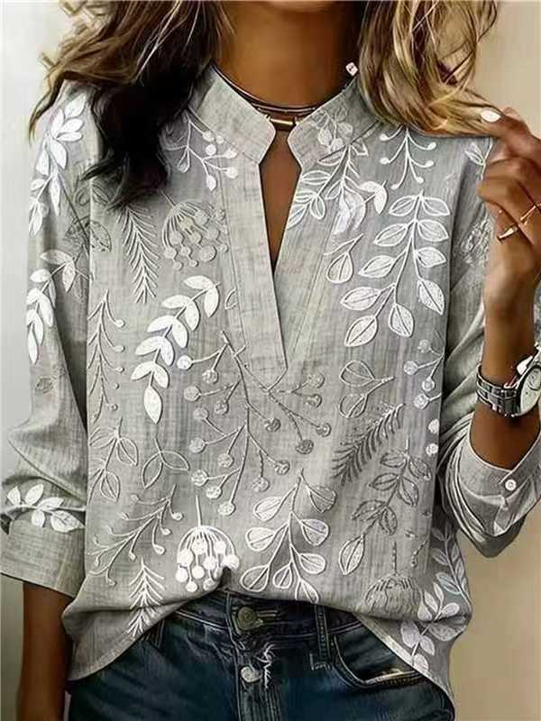 Womens Boho Leaf Floral Print Long Sleeve Blouse, Stand Notch Collar Keyhole V Neck Loose Fit Casual Tunic Shirt