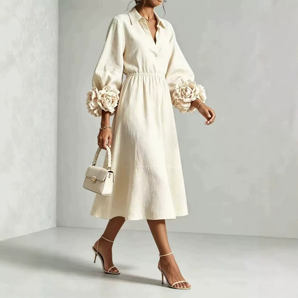 Best-selling Solid-color Round-neck Long-sleeved Floral Dress