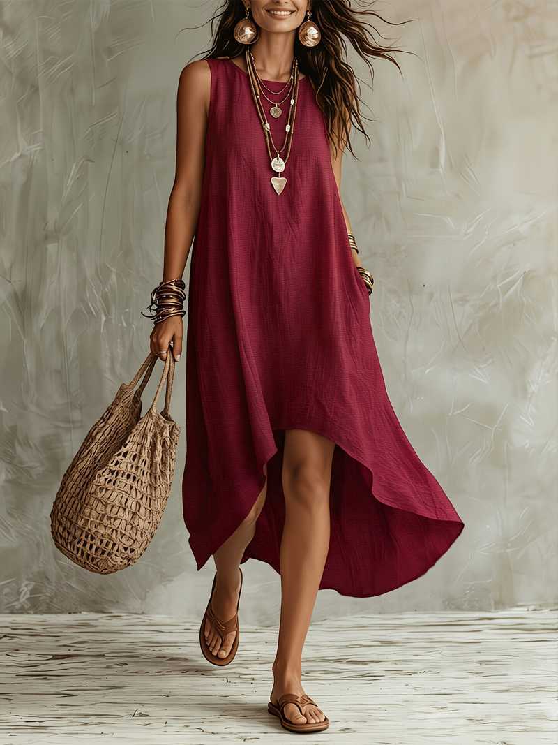 Womens Casual Round-neck Sleeveless Loose-fitting Midi Dress