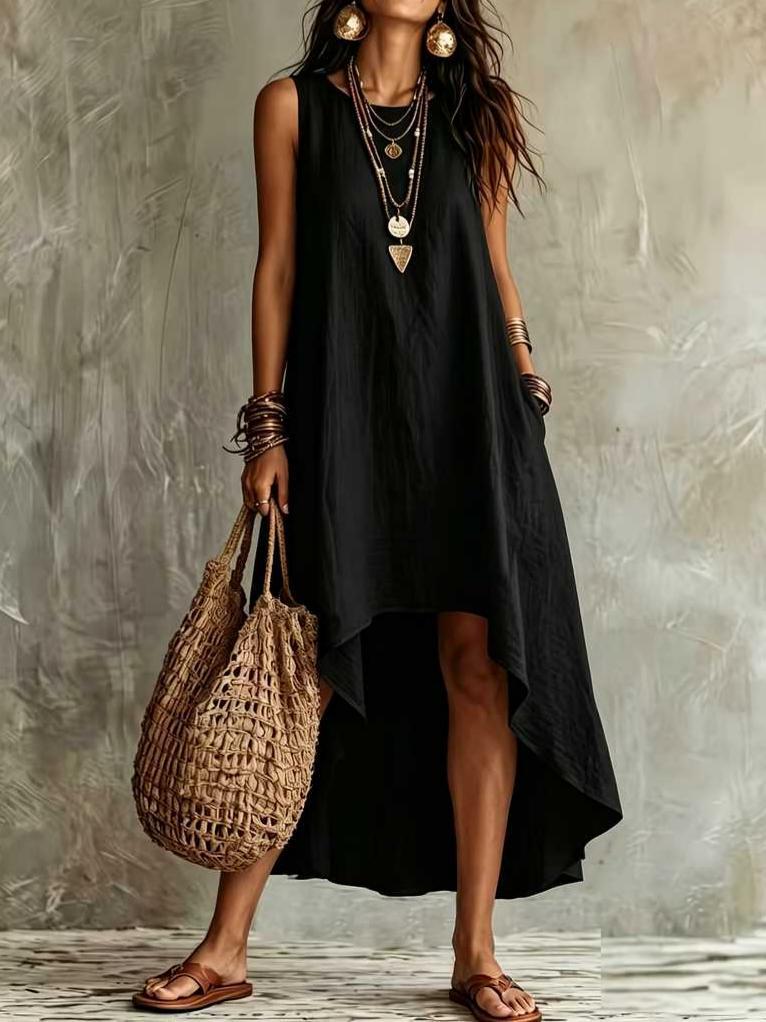 Womens Casual Round-neck Sleeveless Loose-fitting Midi Dress