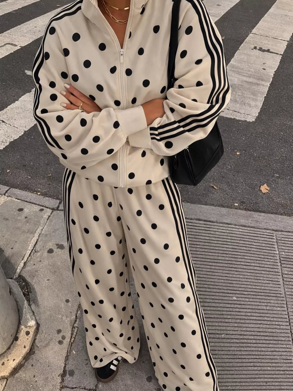 Women's Polka Dot Side Striped Outerwear and Pants Set