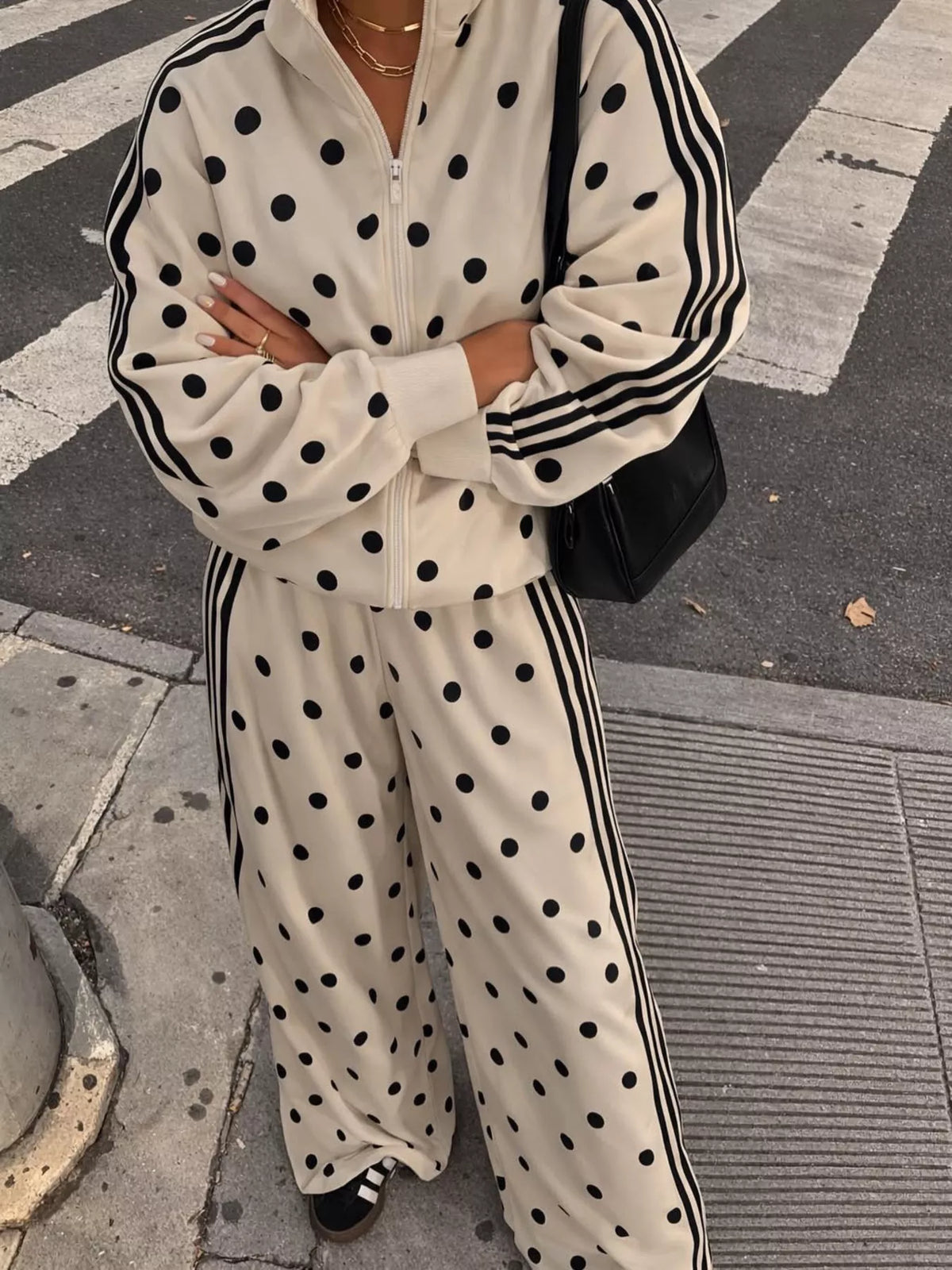 Women's Polka Dot Side Striped Outerwear and Pants Set
