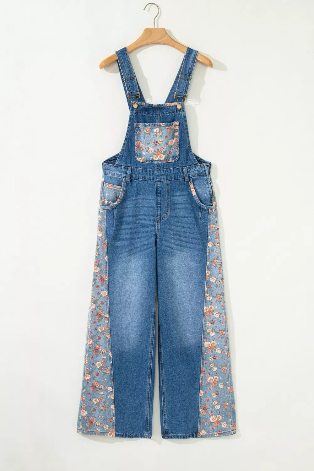 Women's Dusty Blue Vintage Rose Printed Pleated Loose Denim Overall - Dusty Blue