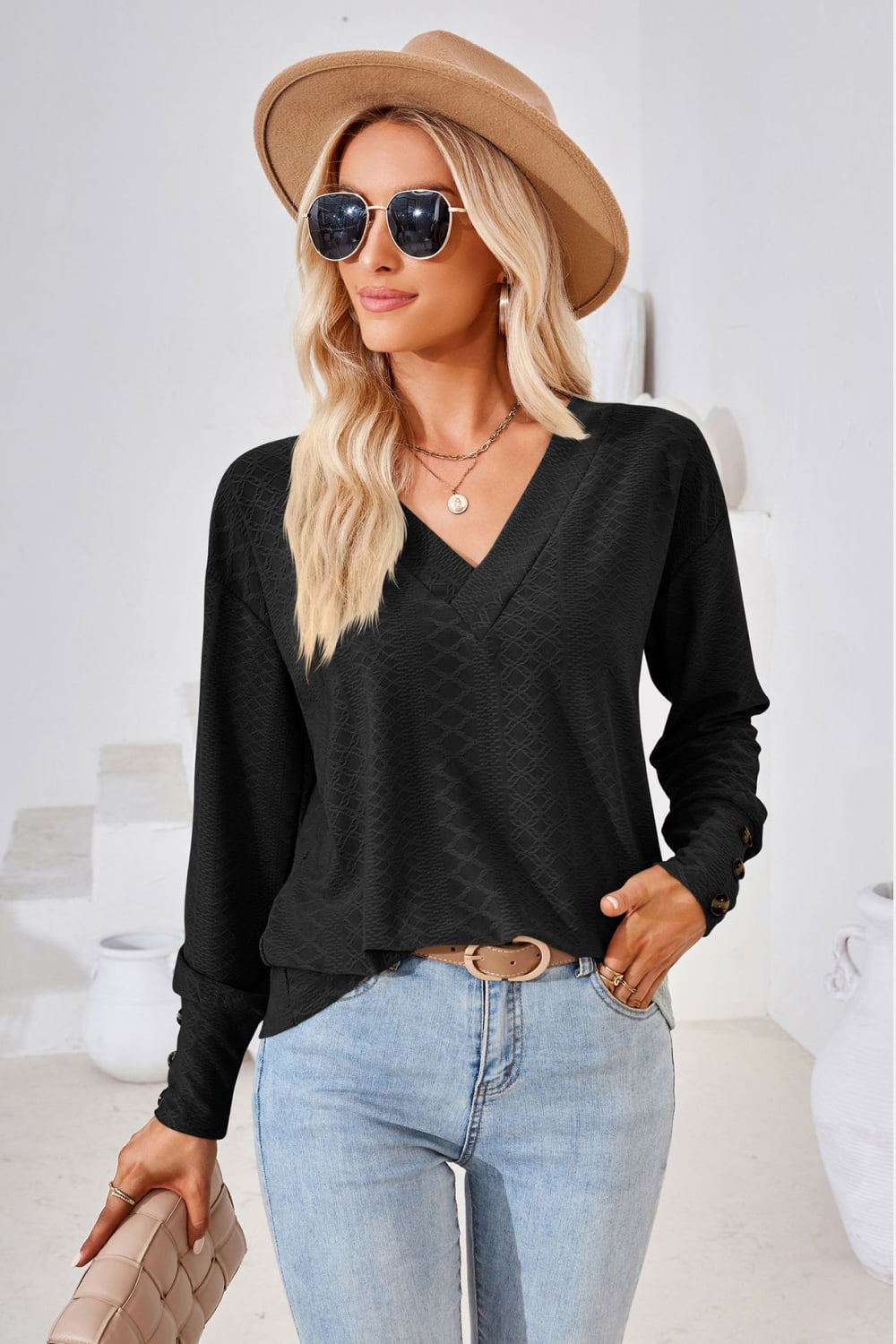 Women's V-Neck Long Sleeve Blouse - Black