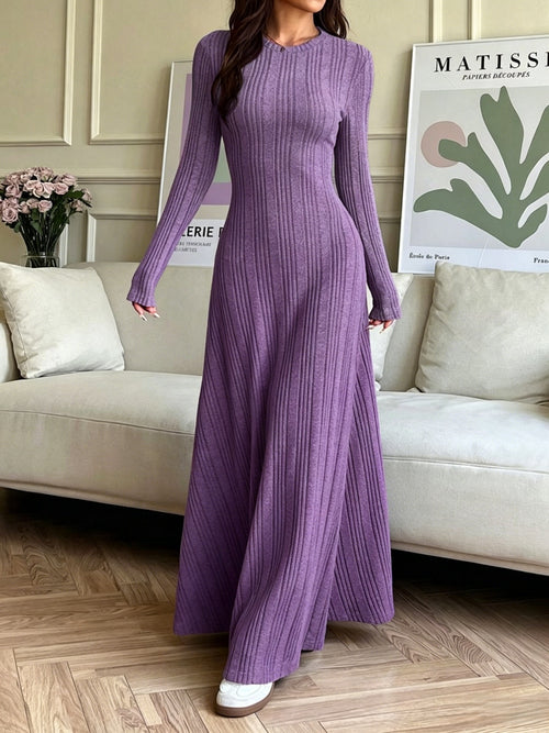 Autumn Winter Women's Fashion Round Neck Long-Sleeve Ribbed Knit Elegant Dress Slim Fit Long Dress