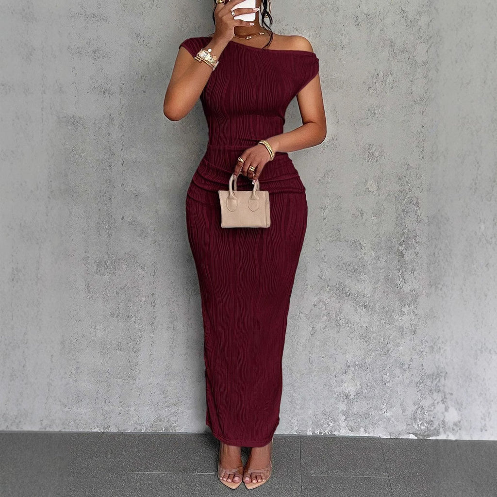 New Cute Fashion Water Ripple Slant Shoulder Dress