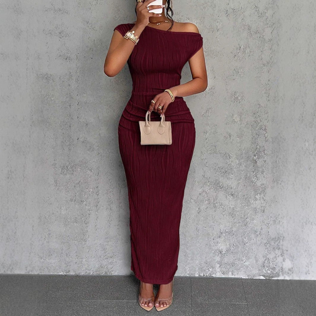New Cute Fashion Water Ripple Slant Shoulder Dress