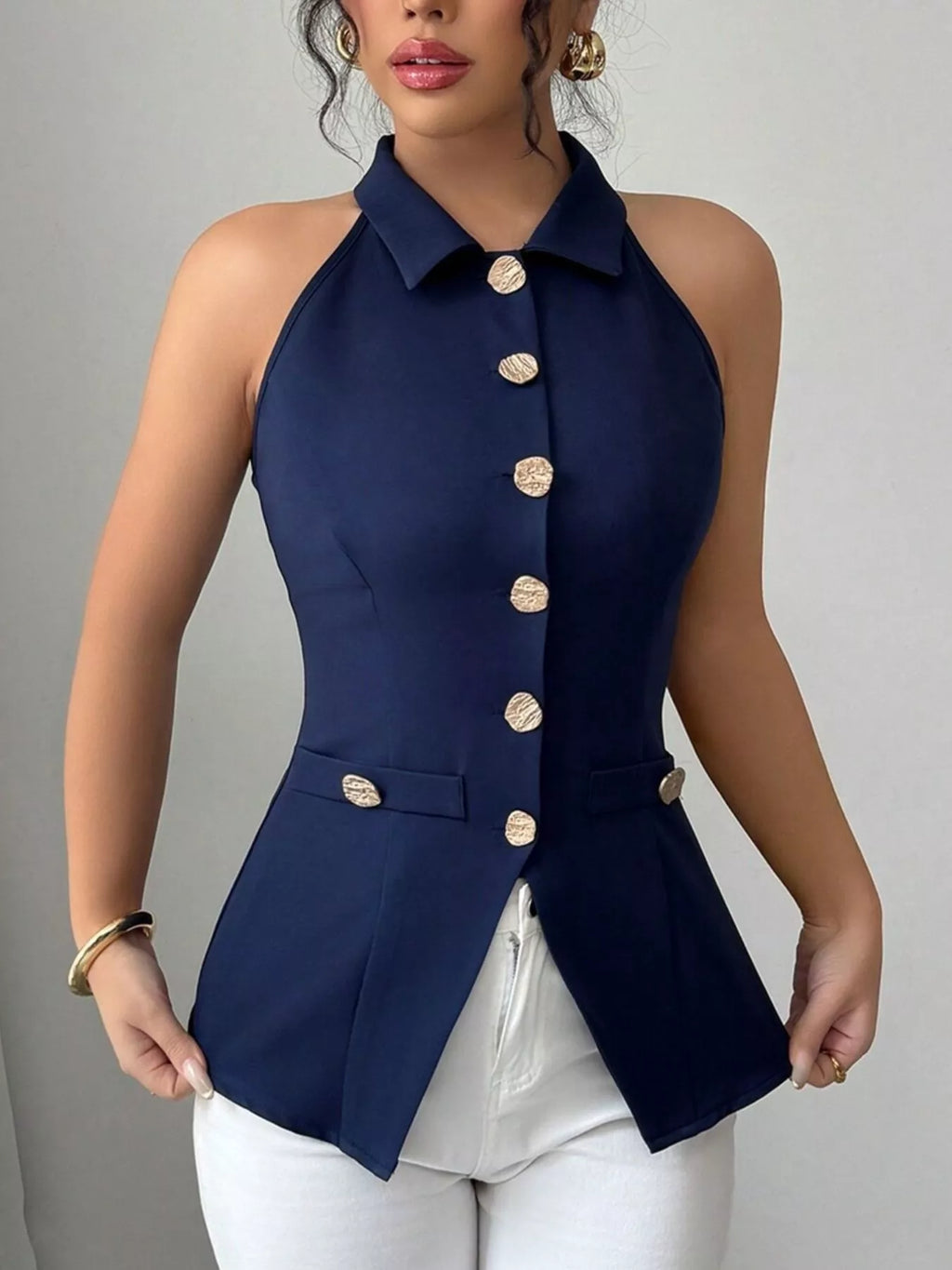 Women's Dark Blue Sleeveless Lapel Collar Button-Down Vest - Dark Blue