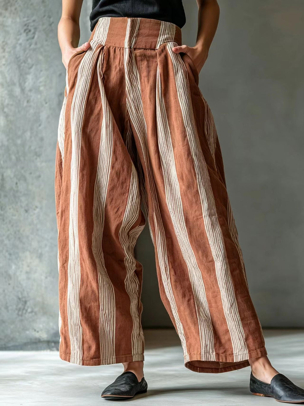 Women's Autumn New European And American Cross-Border Women's Loose Casual Vacation Style Linen Striped Wide-Leg Pants With A High-End Feel