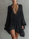 Black Sexy Lace-Panel V-Neck Halterneck Dress