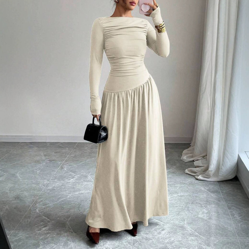 High-end Autumnwinter New Long-sleeve Pleated-waist Off-shoulder Maxi Dress