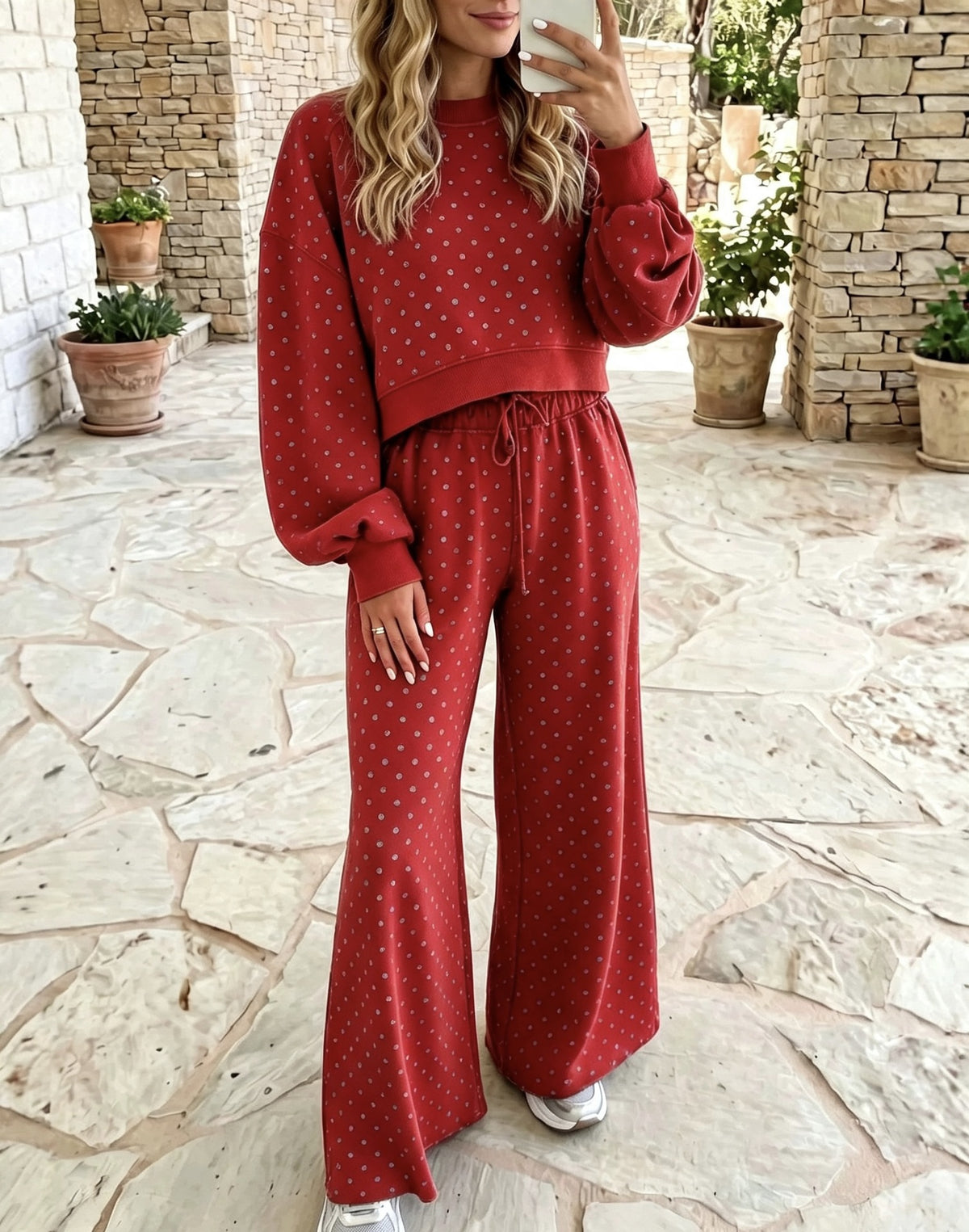 Winter New Style High-Waisted Loose Relaxed Polka Dot Print Wide-Leg Pants Set For Women