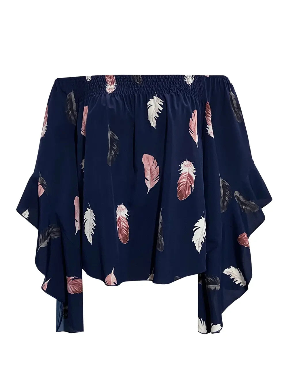 Women's Dark Blue Feather Print Smocked Off-Shoulder Blouse - Dark Blue