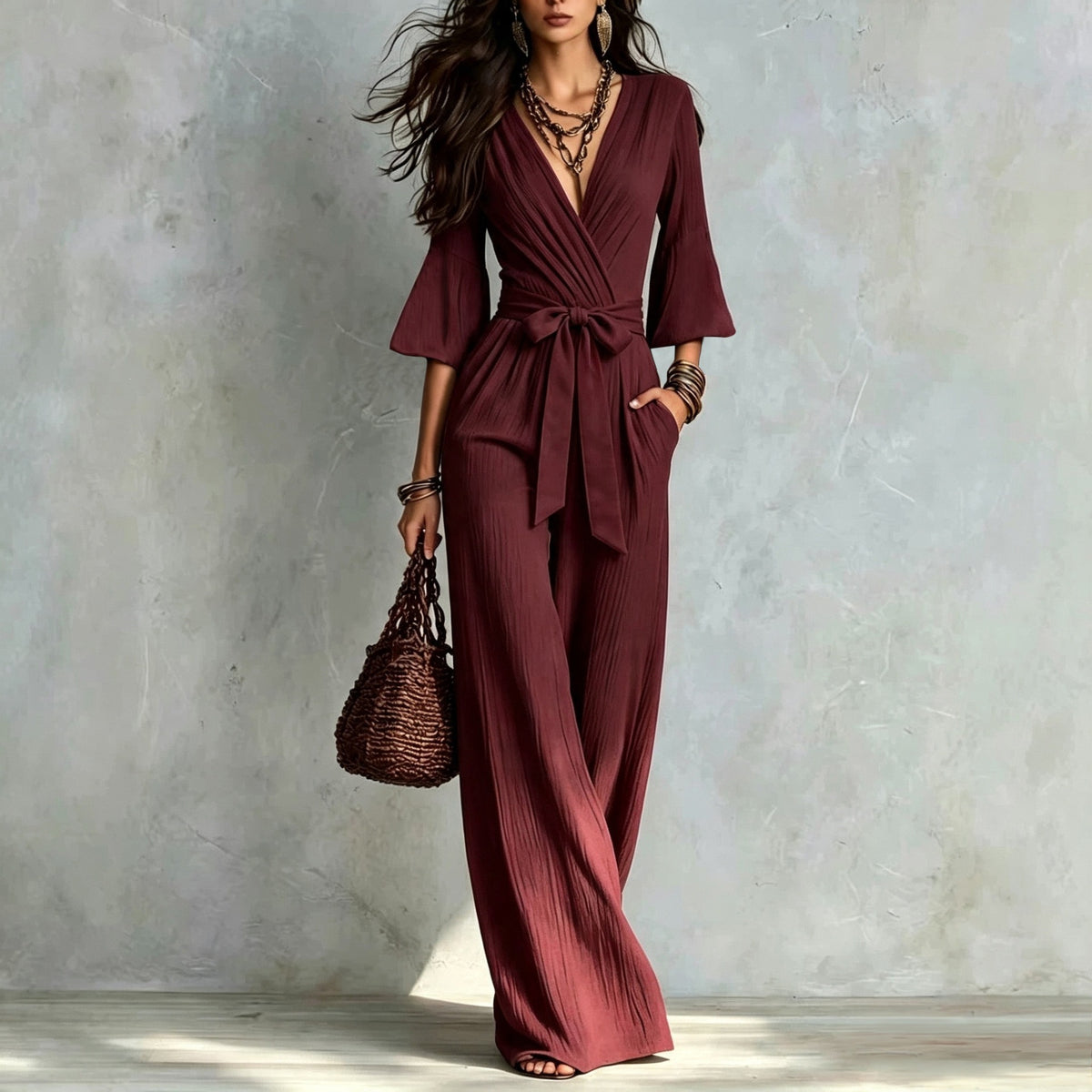 Deep V-neck Jumpsuit With Bubble Sleeves And Wide-leg Pants