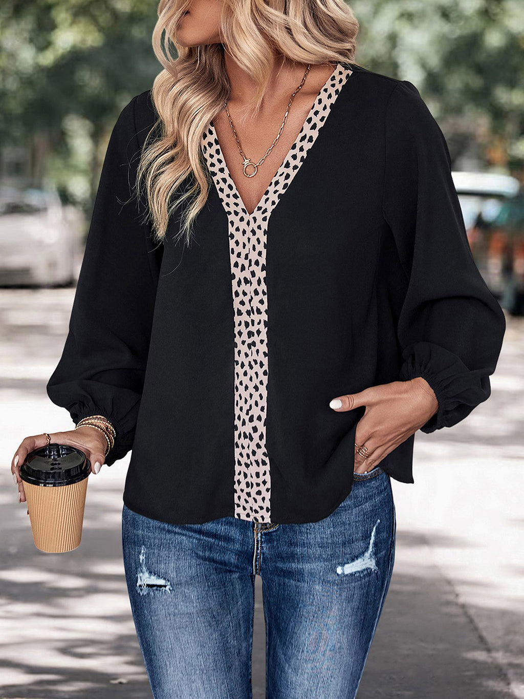 Women's Black Contrast V-Neck Long Sleeve Blouse - Black