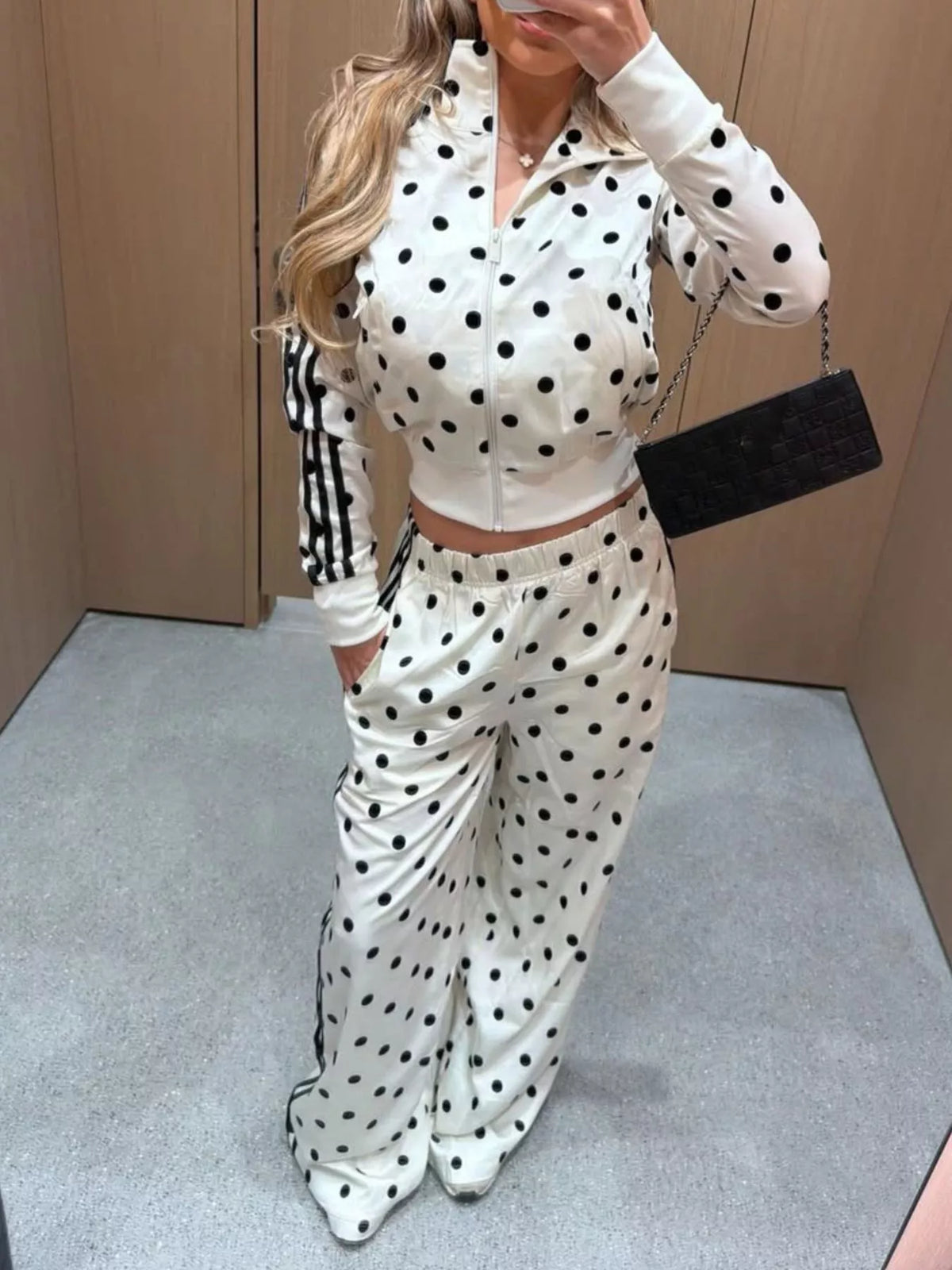 Women's Polka Dot Side Striped Outerwear and Pants Set