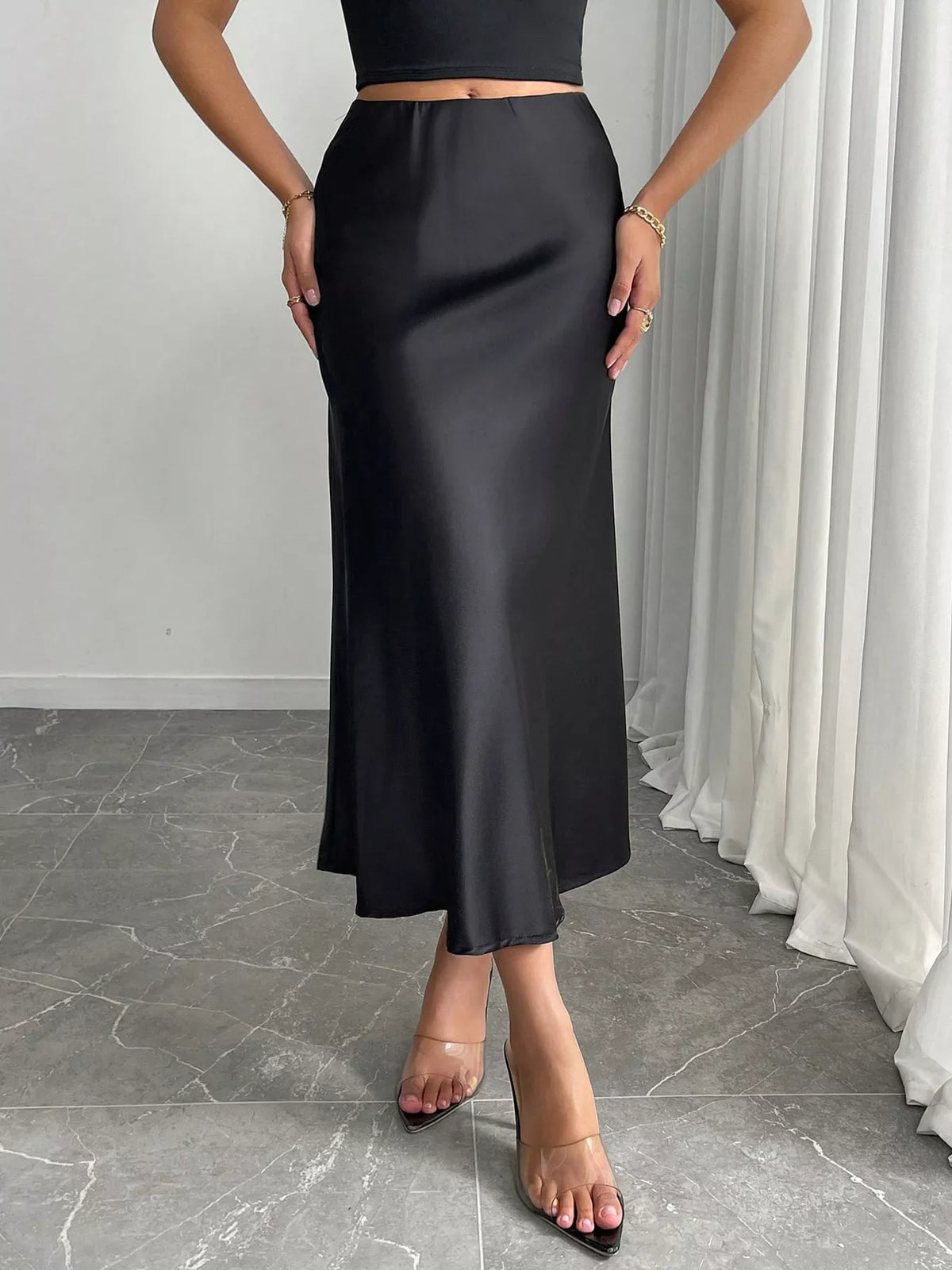 Women's Satin Midi Skirt - Dark Gray