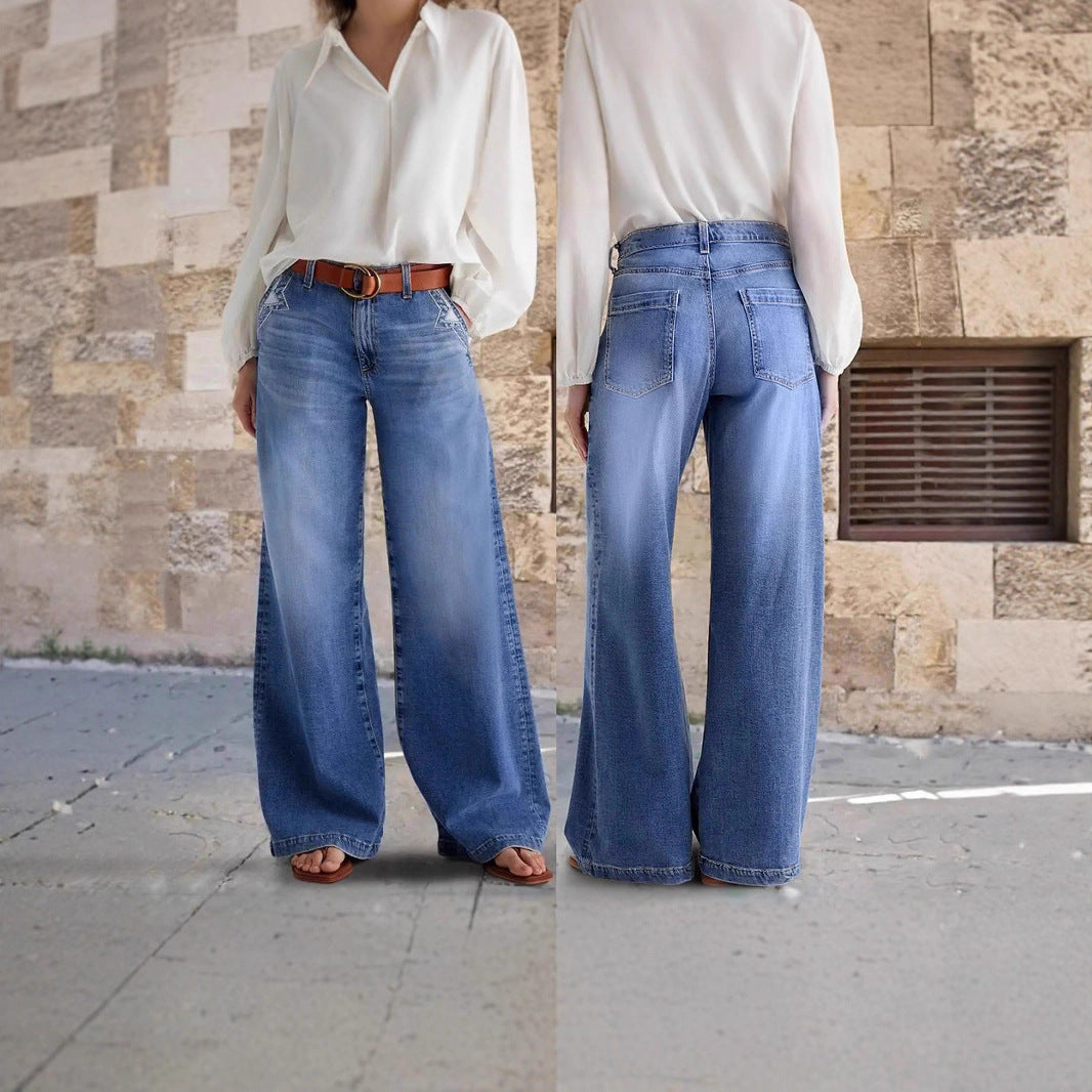 Standard Jeans Wide-Leg Embroidered Mid-Waist Denim Pants
