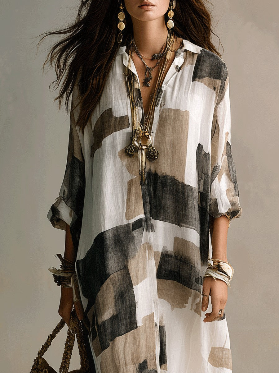 Women's Khaki New Arrival Casual & American Vacation Style Printed Lapel Long Sleeve Maxi Dress - Khaki