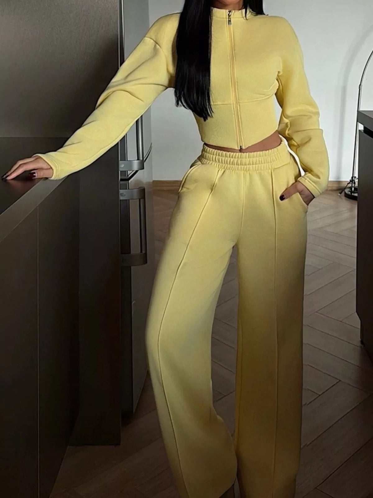 Women's Zip-Up Crop Jacket and Wide-Leg Pants Set