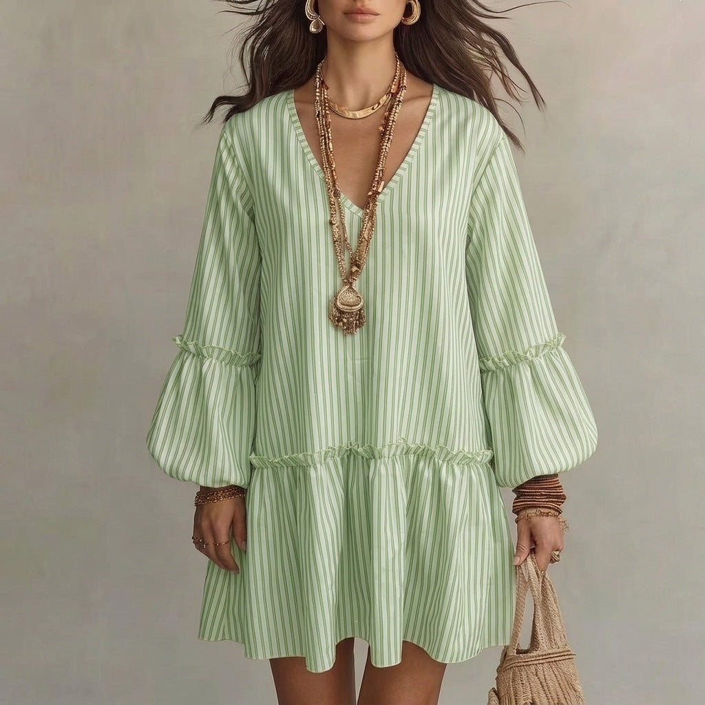 Women's Early Autumn Long Sleeve A Line Dress, Bohemian Style Striped Print V Neck - Light green