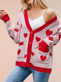 Women's Heart Pattern V-Neck Button-Down Knit Cardigan - Pink