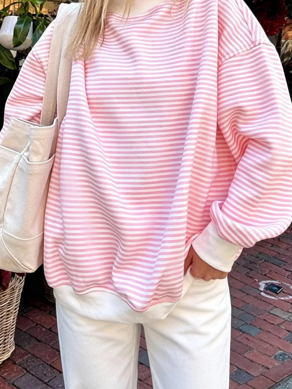 Women's Oversized Striped Crew Neck Sweatshirt