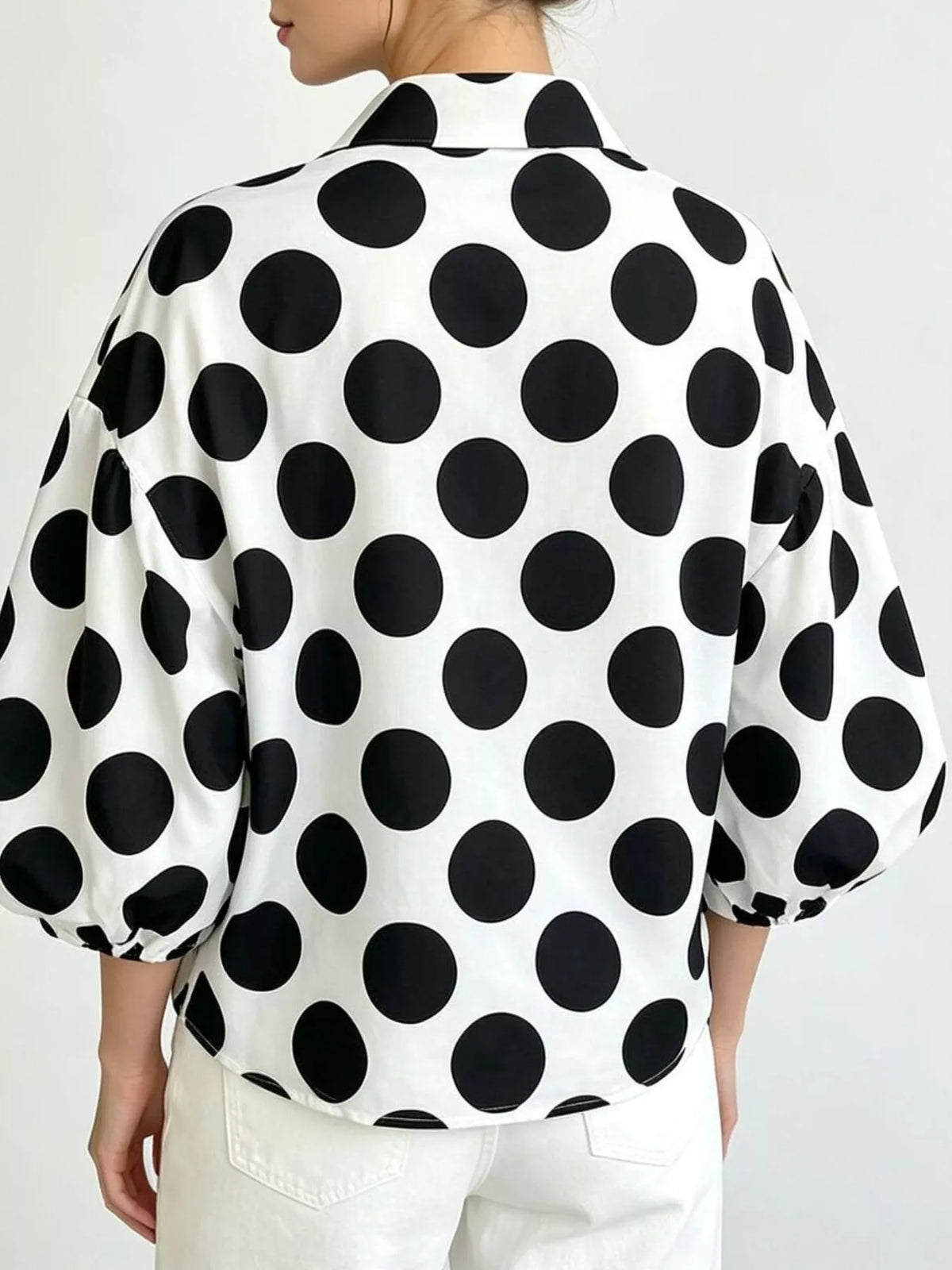 Women's White Polka Dot Puff Sleeve Shirt - White
